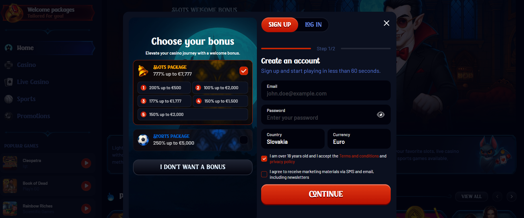Casino sign-up modal with bonus selection options, including slots and sports packages, alongside an account creation form with email, password, country, currency, and consent checkboxes, plus a continue button.