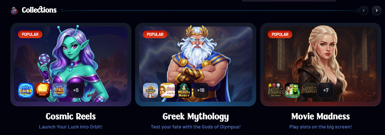 Casino collections section featuring themed categories like Cosmic Reels, Greek Mythology, and Movie Madness, each with illustrated characters, game thumbnails, and “Popular” labels.